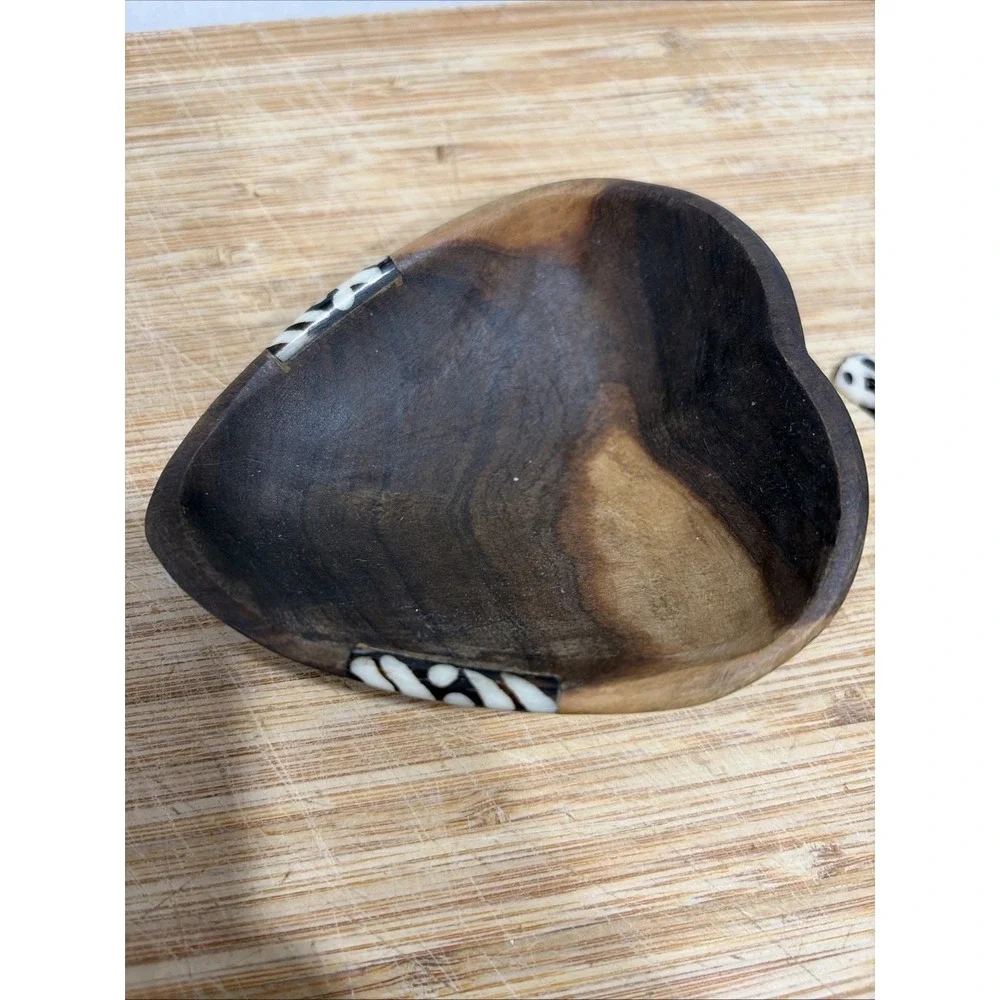 Kenyan hand-carved 4.25x3 Inches Rustic Olive Wood Bowl & Bone Spoon And Inlay